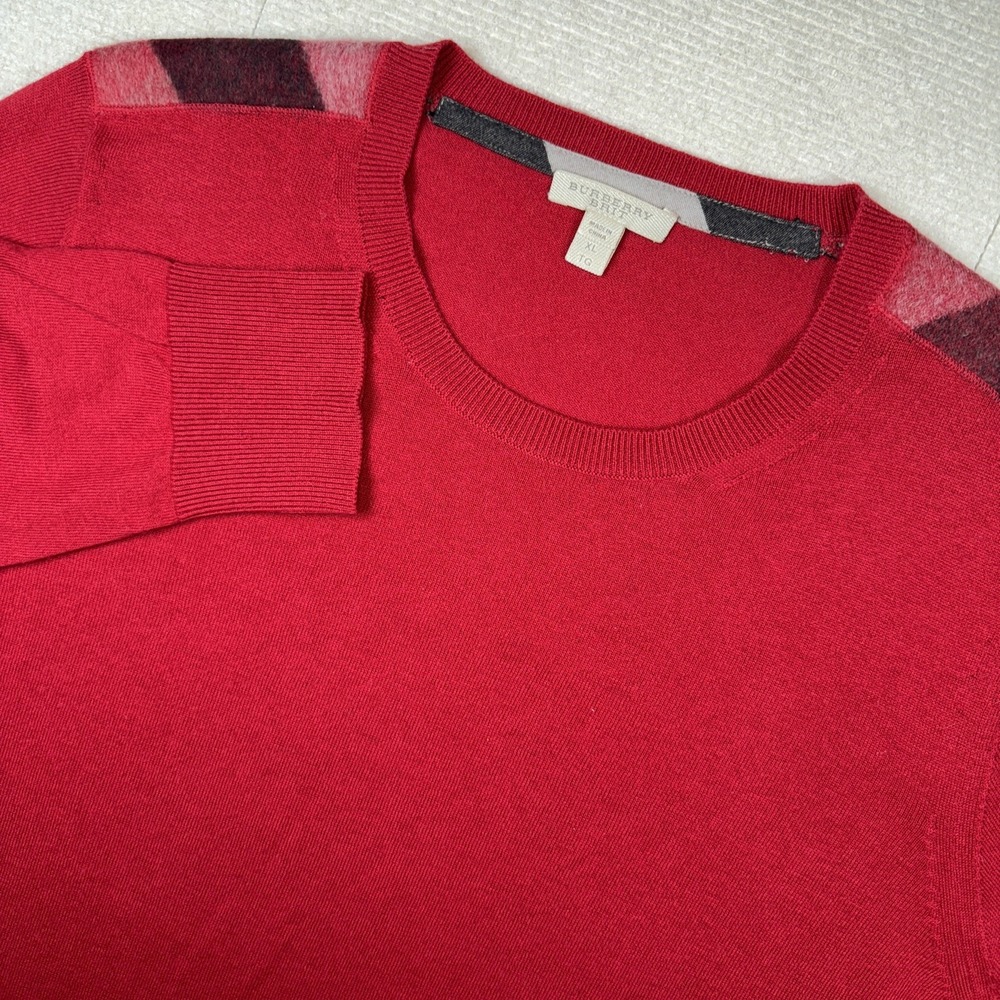 Burberry Brit Sweater Mens XL‎ Red Cashmere Blend Check Shoulder Crewneck